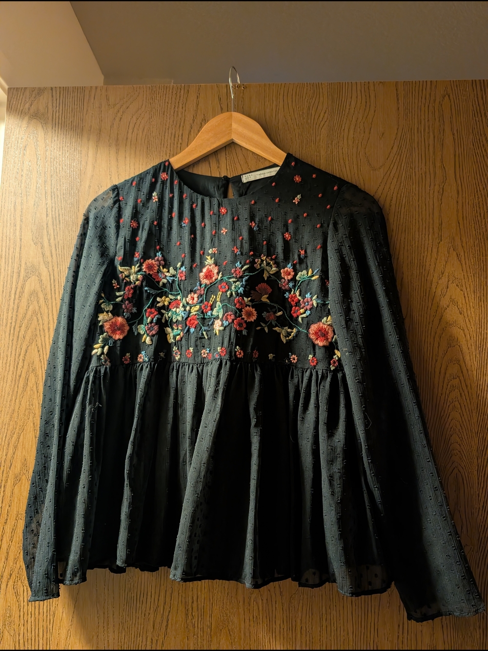 Zara Black Blouse with Red and Green Floral Embroidery